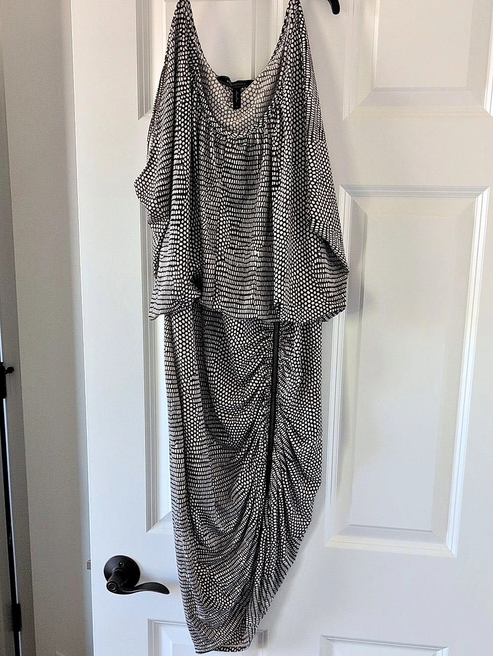 BCBGMAXAZRIA Brown And White Off The Shoulder Dress